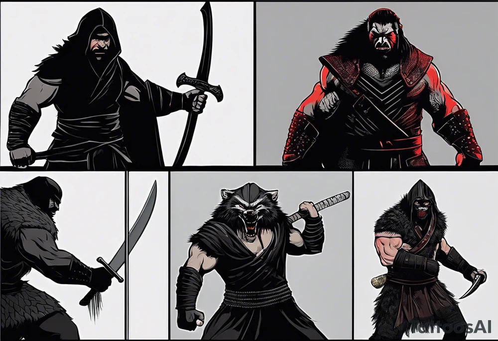 Draw me psychopath Fearless Honey Badger/Berserker with aggressive full body, killer face with a scary smile, very long nails and he attacks like a Bloody Assassin/Warrior/Gladiator to us and also, he has very deadly looking. He fights with his nails only. Everybody scares after their first sight. Give me horror type Badger Tattoo. I want to see his Realistic full body with no weapons. You can show destruction at the back. tattoo idea