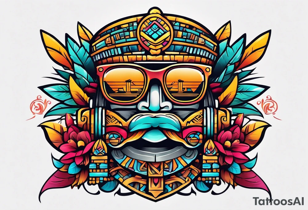 Colorful Mayan hieroglyph with sunglasses tattoo idea