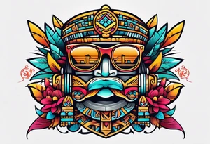 Colorful Mayan hieroglyph with sunglasses tattoo idea