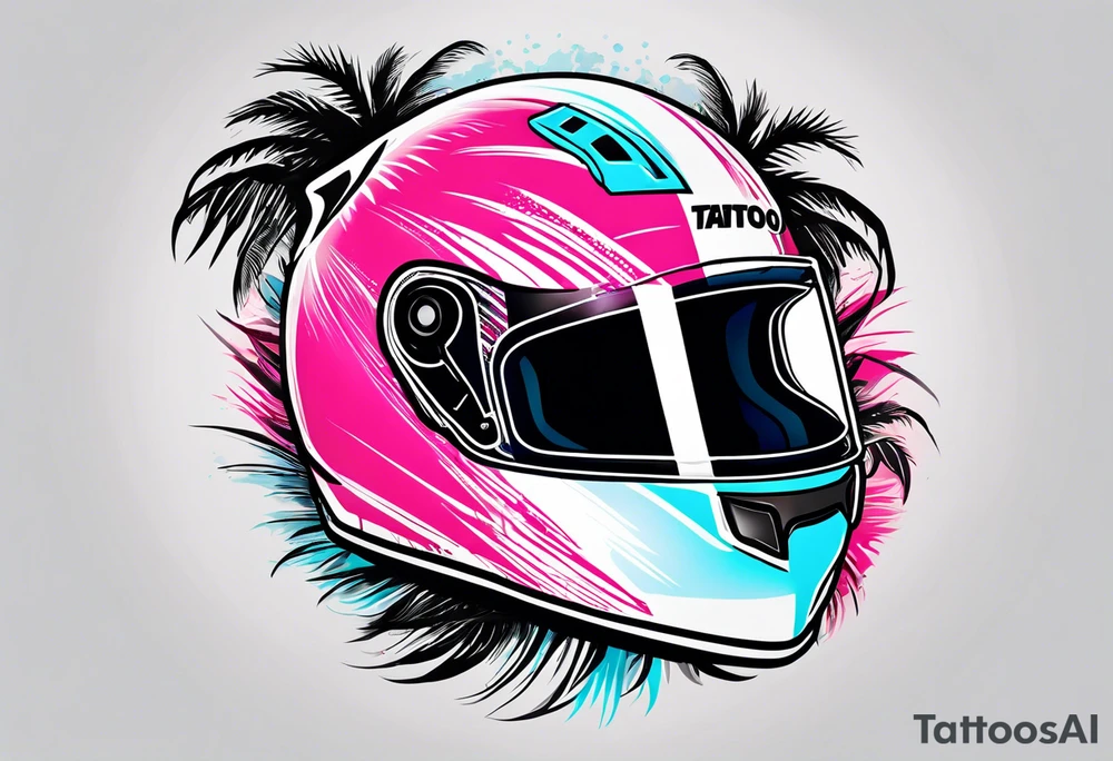 Formula 1 helment with a palm tree and black pink and light blue color tattoo idea