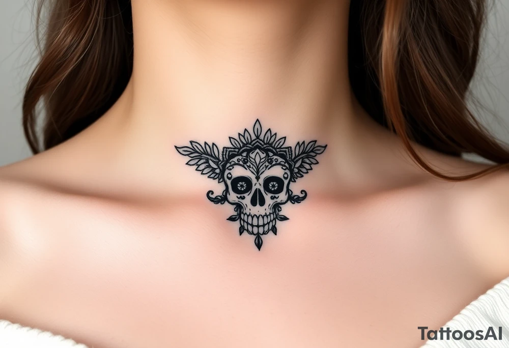 Stunning underboob tattoo with lace and elegant mandala skull tattoo idea
