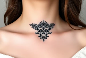 Stunning underboob tattoo with lace and elegant mandala skull tattoo idea