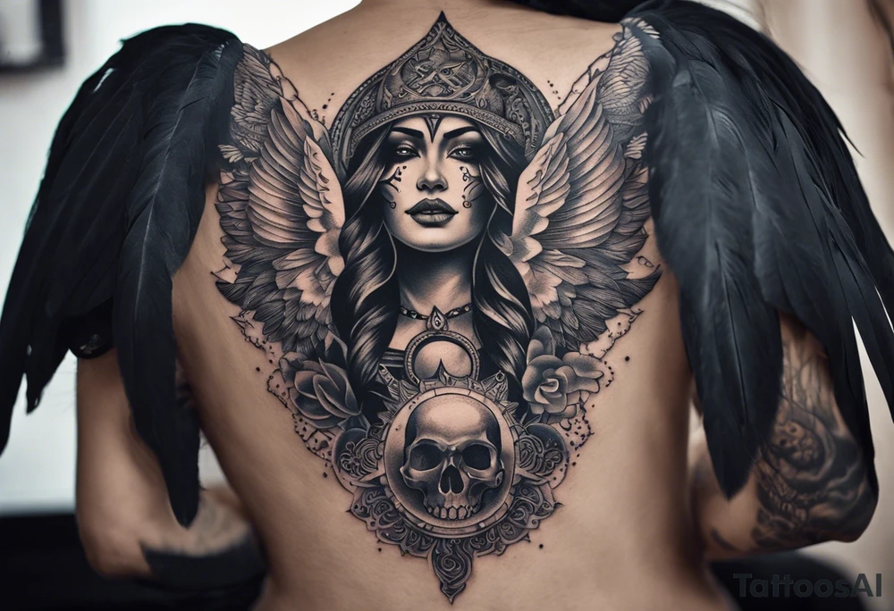 black kali, goddess pirate, alien, angel, pachamama, valkrye, warrior, flying, skull, lotus azul, wing, eagle, zenza resonance, stars, 5D, anahata chakra, death, durga, riding on a tiger, flying lady, kundalini, chest tatoo, rebel tattoo idea