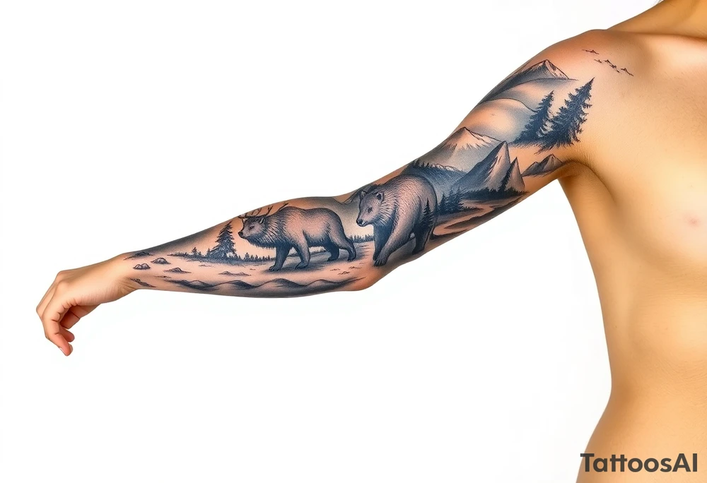 A full-sleeve with the Härjedalen landscape, reindeer, bear, lakes, tattoo idea