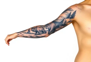 A full-sleeve with the Härjedalen landscape, reindeer, bear, lakes, tattoo idea