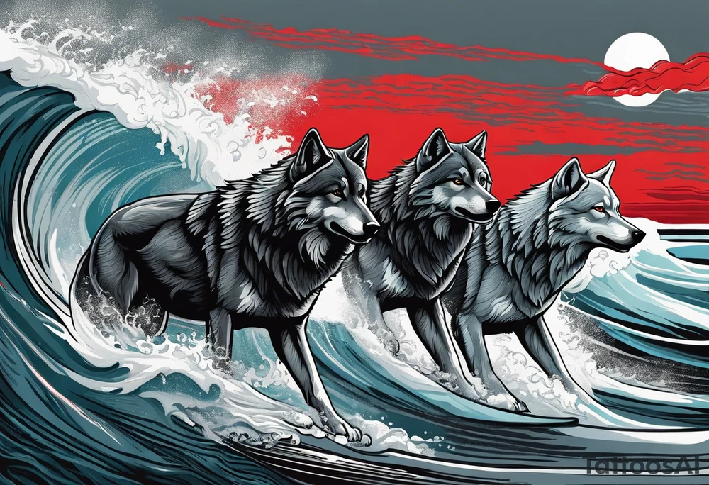 a pack of 3 howling muscular  gray wolves surfing waves with a linear background with red, white and black and gray tattoo idea