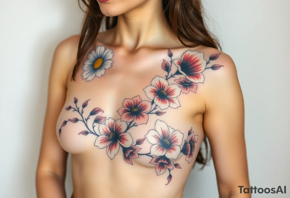 This is a Japanese themed tattoo of a string of flowers in bloom on a woman. It starts on her left side of the chest on the pectoral above the nipple with a Glaiolus and Daisy pushed together. The tattoo rises over the left shoulder and down the arm and ends at the elbow. The tattoo will feature a primroses, Calla Lilys, and Lillys. They can have multiple flowers but 1 of each will pop with shading and be colored in. tattoo idea