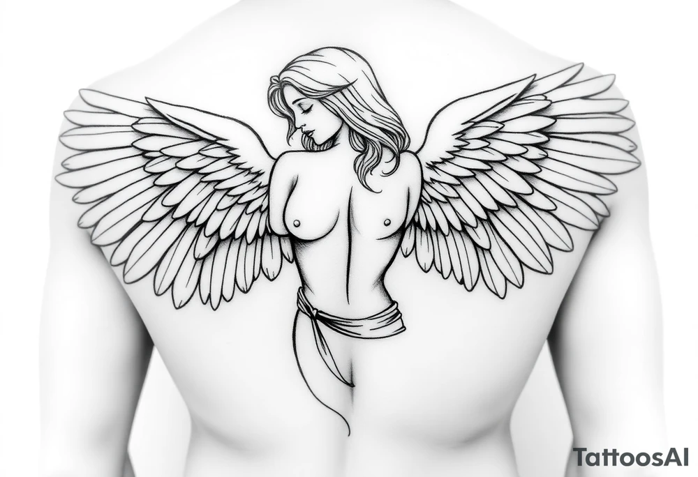 make a tattoo stencil of a female angel full body (toes to head) without clothes please. tattoo idea