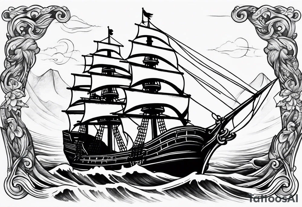 Black pearl pirate ship with waves tattoo idea