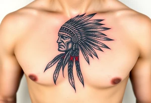 Indian warrior black and red on left chest male tattoo idea