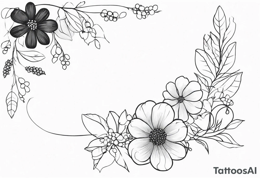 minimalist s-curve of cosmos flower, and rowan tree berries and flowers tattoo idea