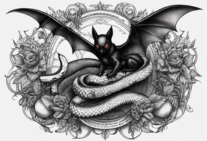 Quote surrounded by a snake, a black widow spider, and a bat tattoo idea