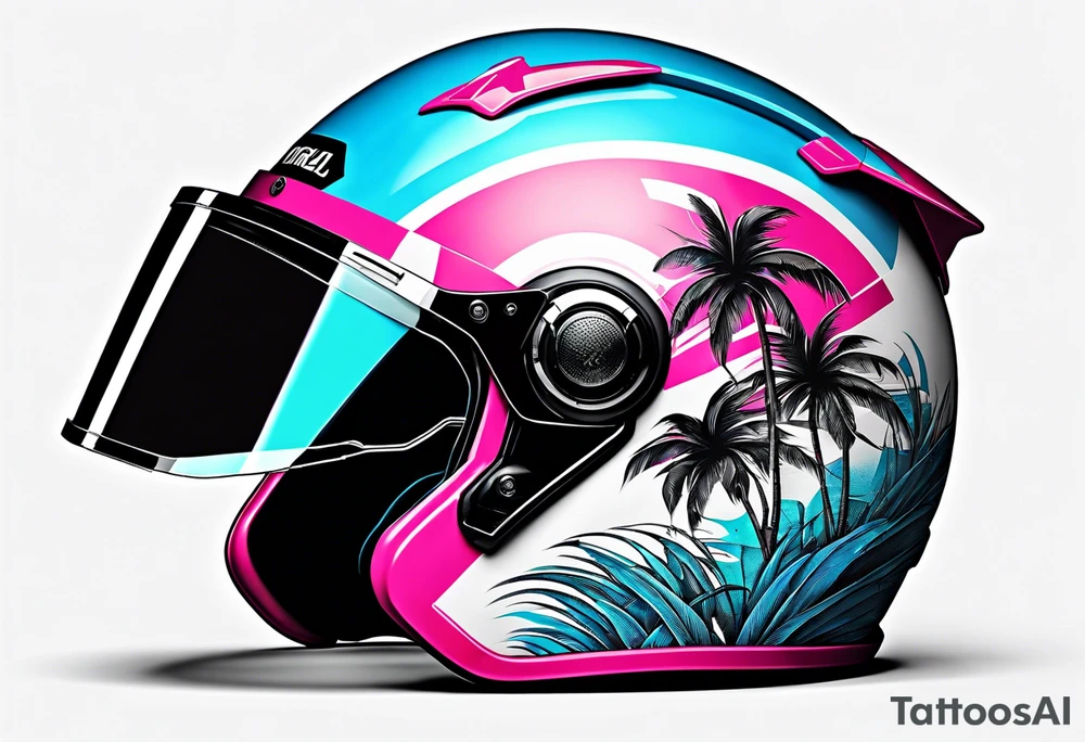 Formula 1 helment with a palm tree and black pink and light blue color tattoo idea
