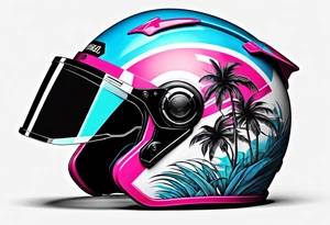 Formula 1 helment with a palm tree and black pink and light blue color tattoo idea