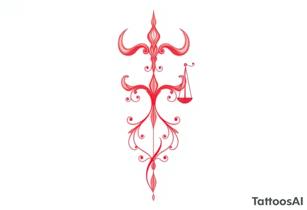 Tattoo that combines the star sign Taurus and Libra ,in red , down the spine tattoo idea