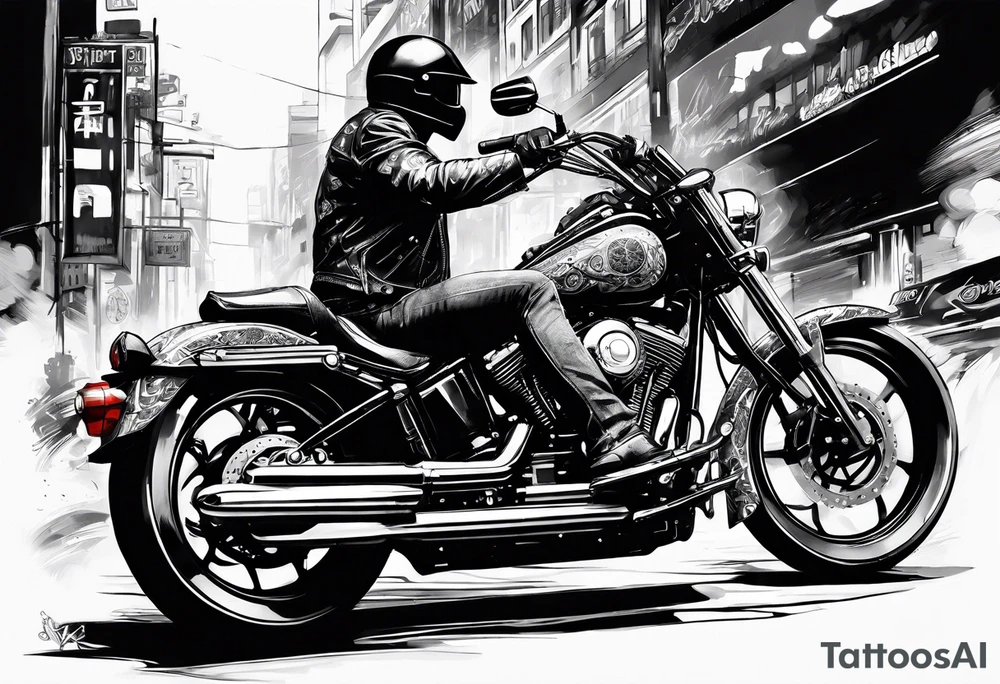 motorcycle  with guns riding at night in the city tattoo idea