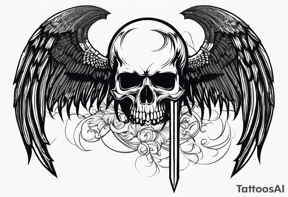 In the center is a skull pierced by a large sword. On either side of the skull, there are spread angel wings, creating an impression of protection and majesty. Beneath the skull is a ribbon that weaves through both the skull and the sword tattoo idea