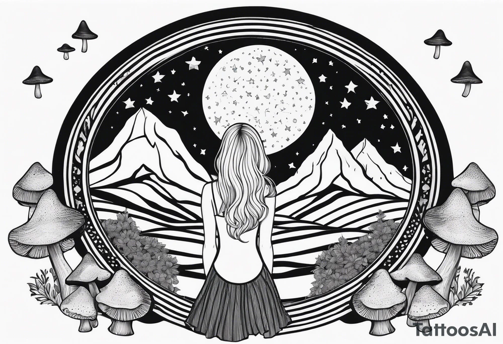 Straight blonde hair girl facing away toward mountains surrounded by mushrooms crescent moon mandala circular design black and white striped dress "8" in hair tattoo idea