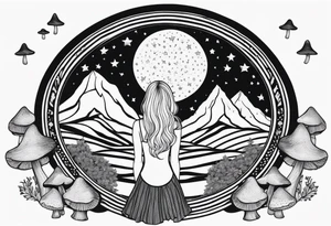 Straight blonde hair girl facing away toward mountains surrounded by mushrooms crescent moon mandala circular design black and white striped dress "8" in hair tattoo idea