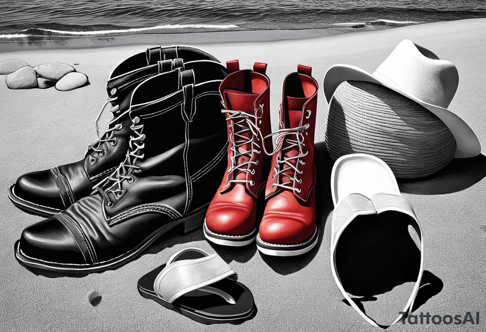 Keep it simple. A pair of red Wing boots next to a pair of flip flops on the Beach. ADD a cowboyhat tattoo idea