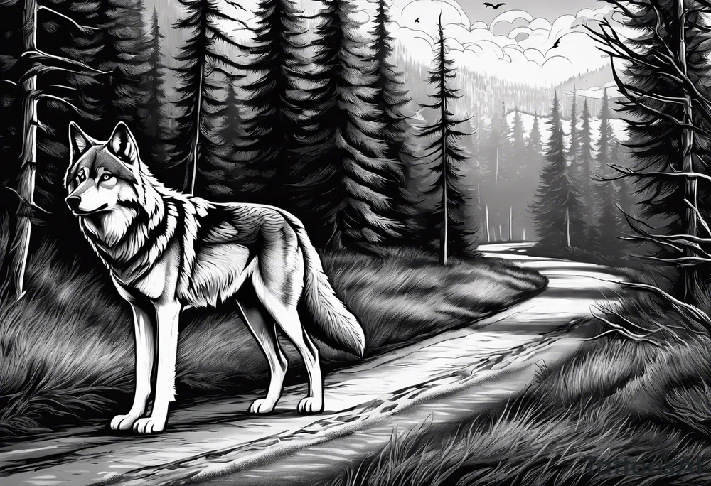 Lone wolf on a path or road. A pack of wolfs on the opposite end of road. tattoo idea