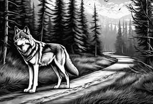 Lone wolf on a path or road. A pack of wolfs on the opposite end of road. tattoo idea