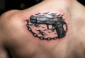 American traditional tattoo of Sig sauer p365 macro with flames and a chain border tattoo idea