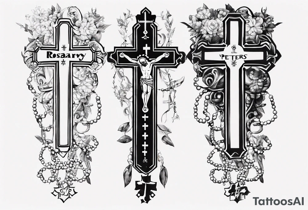 men’s arm sleeve, rosary, the name Peters, 1997, cross tattoo idea