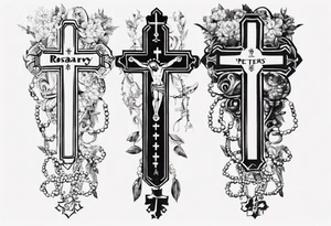 men’s arm sleeve, rosary, the name Peters, 1997, cross tattoo idea