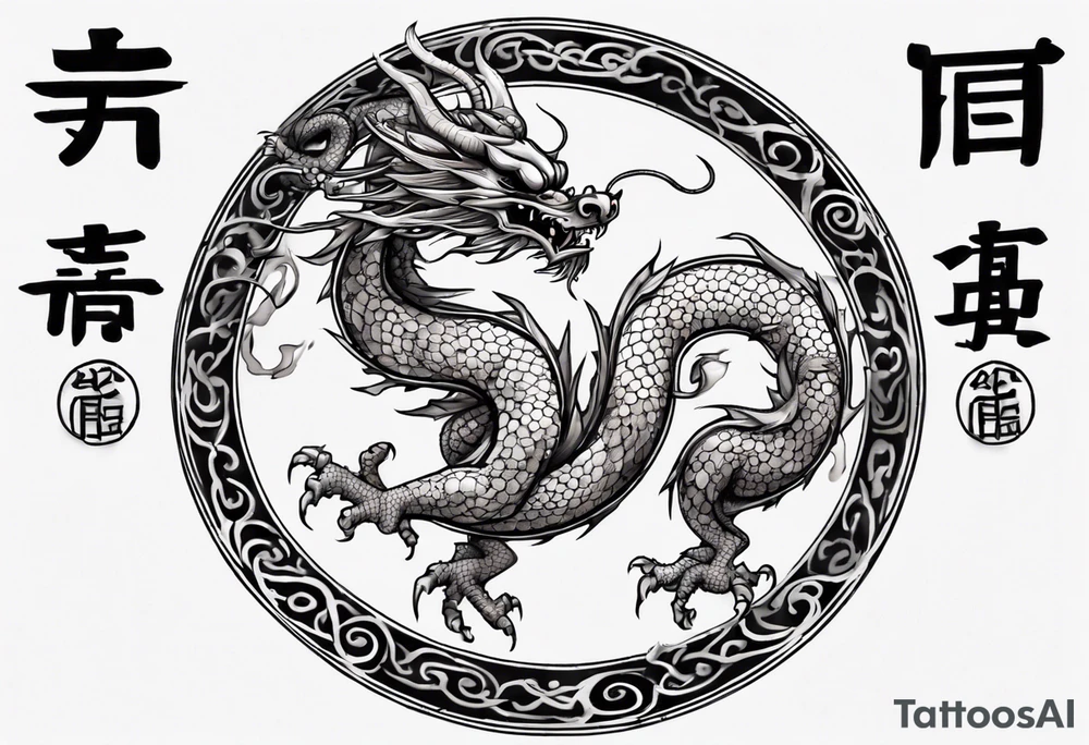 Chinese dragon in a circular shape with "02.03" written on its skin tattoo idea