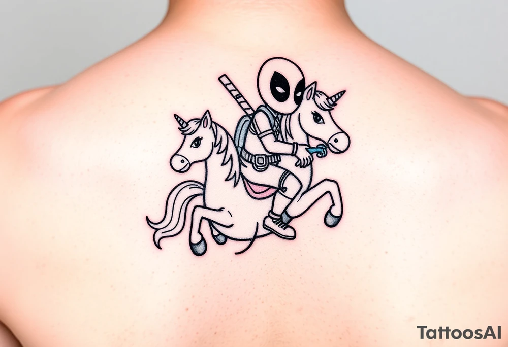 Deadpool riding unicorn holding rpg tattoo idea