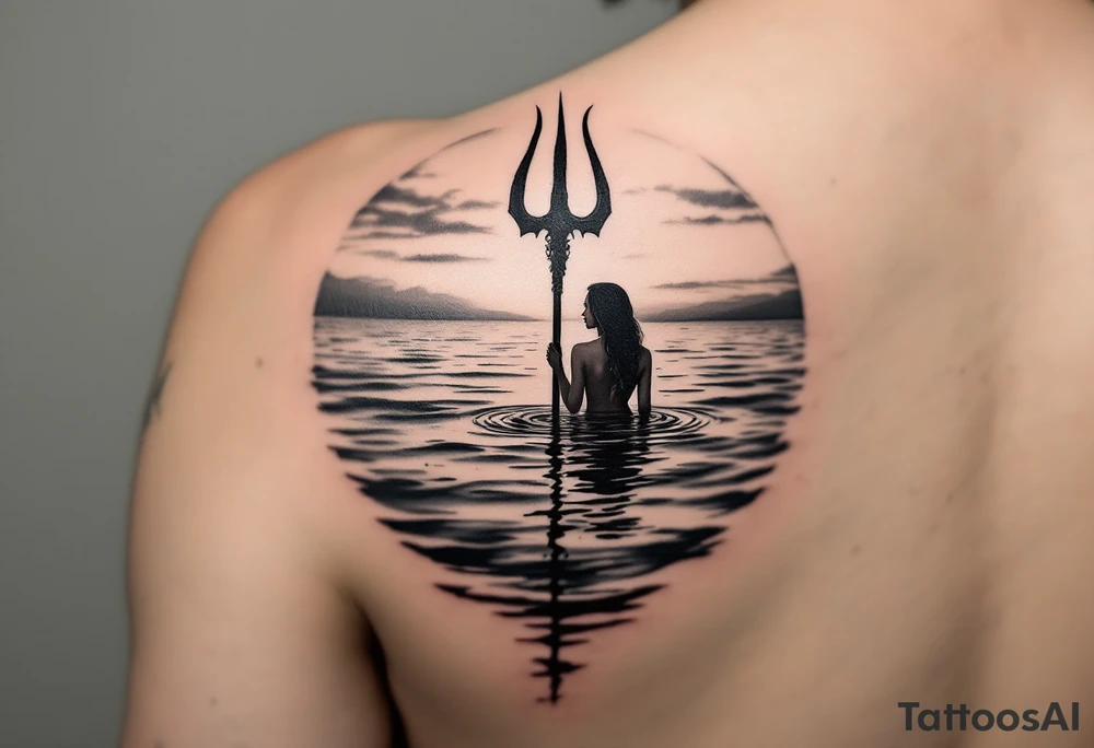 trident half way under calm water at sunset with topless woman tattoo idea