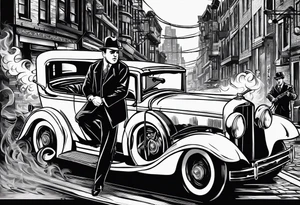 Al Capone style gangsters fighting with machine guns, set with a 1930s city street background, include a 1930's car , flames and smoke, bullets flying tattoo idea
