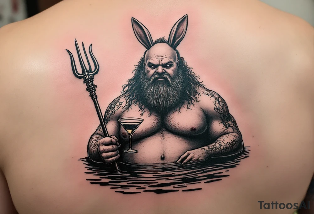 fat poseidon with trident half way in calm water with a martini and bunny ears tattoo idea