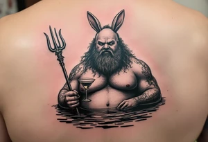 fat poseidon with trident half way in calm water with a martini and bunny ears tattoo idea