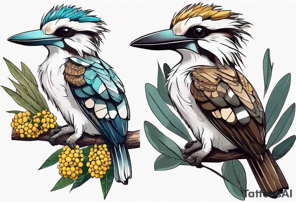 Cartoon kookaburra sitting on wattle and eucalyptus leaves tattoo idea