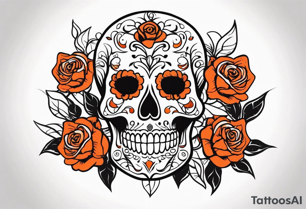 Orange Sugar skull with roses that are orange and red with smoke around it tattoo idea