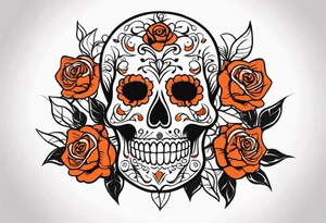 Orange Sugar skull with roses that are orange and red with smoke around it tattoo idea