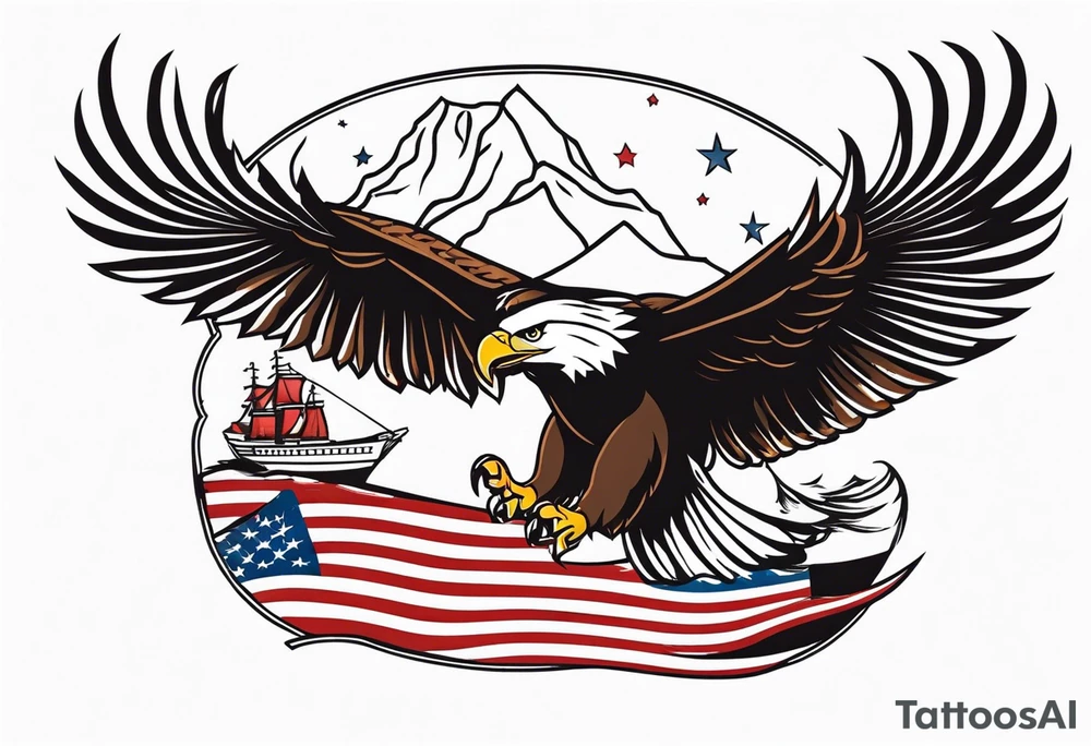 eagle flying in front of ship holding American flag in beak tattoo idea