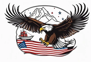 eagle flying in front of ship holding American flag in beak tattoo idea