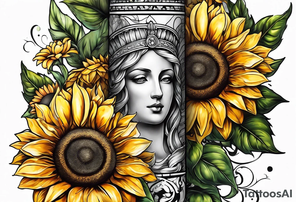 Sleeve with Roman numeral and sunflowers tattoo idea