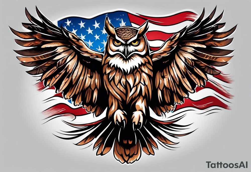 angry owl swooping down with talons holding an american flag tattoo idea