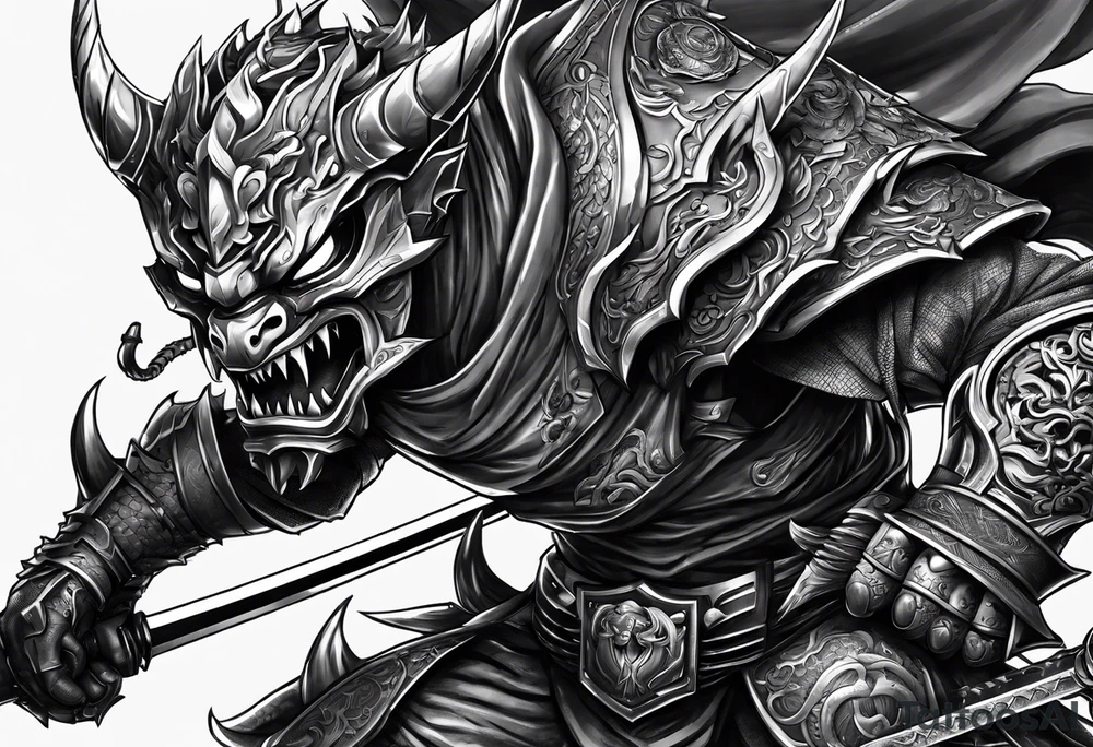 Angry demon Modern robot ninja with demon mask with swords in hands fighting dragon tattoo idea