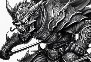 Angry demon Modern robot ninja with demon mask with swords in hands fighting dragon tattoo idea