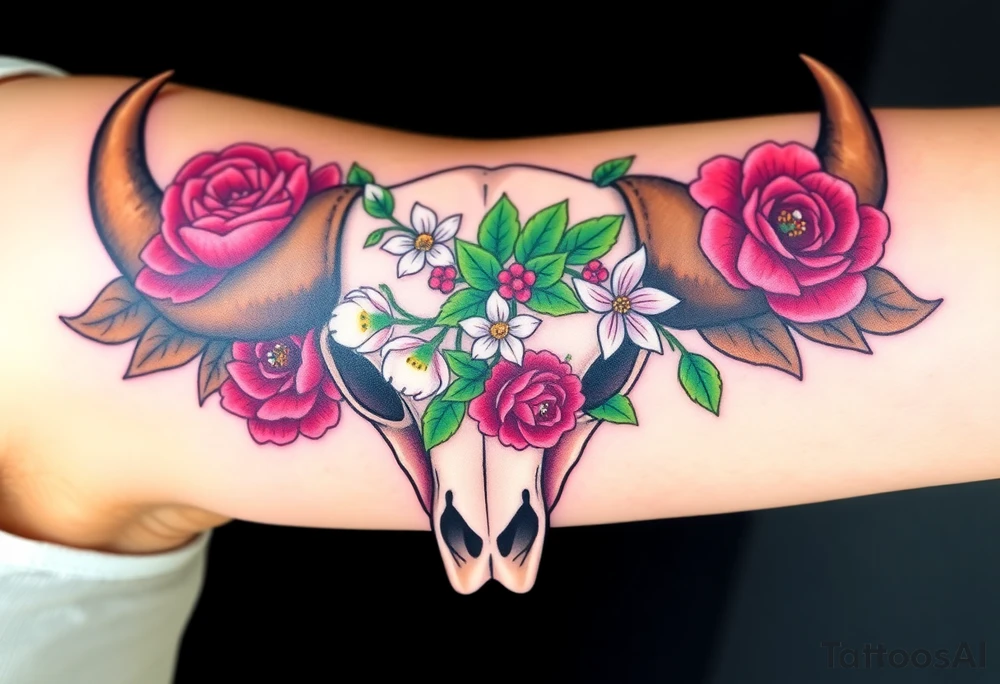 Buffalo or bison skull with flowers. Peony, snowdrop, holly with berries, larkspur, peony. Colour. For upper arm or shoulder. Masculin. tattoo idea