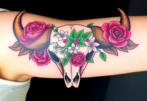 Buffalo or bison skull with flowers. Peony, snowdrop, holly with berries, larkspur, peony. Colour. For upper arm or shoulder. Masculin. tattoo idea