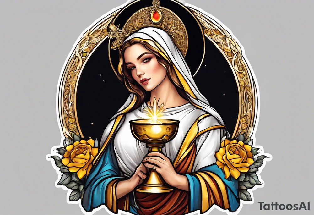 woman saint holding chalice surrounded by golden halo portrait tattoo idea
