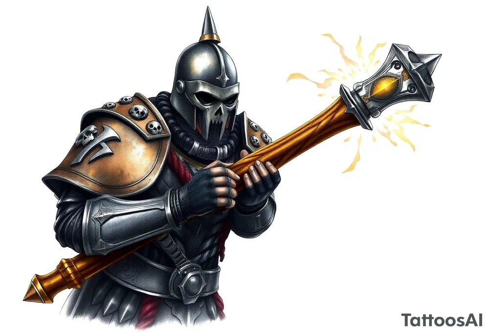 Warhammer, the Old World. A warrior priest of Sigmar holding "The Warhammer of Sigmar" or known as Ghal Maraz. The Warhammer of Sigmar is radiating thunderous energy. The warhammer is held by the warrior priest with both gripping hands at the shaft, upon his chest level. The Warrior priest is wearing dark alloyed heavy armour (reference armor from warhammer vermintide 2 Victor Saltzpyres, the warrior priest of Sigmar class) with skull sigils on his shoulder pads. The warrior priest is wearing a helmet, while the helmets front visor has an humanoid metal face covering. The helmet and armour are gladened with hints of gold and crimson red. The Warhammer is silverish and golden with a long shaft with twisted carvings. tattoo idea