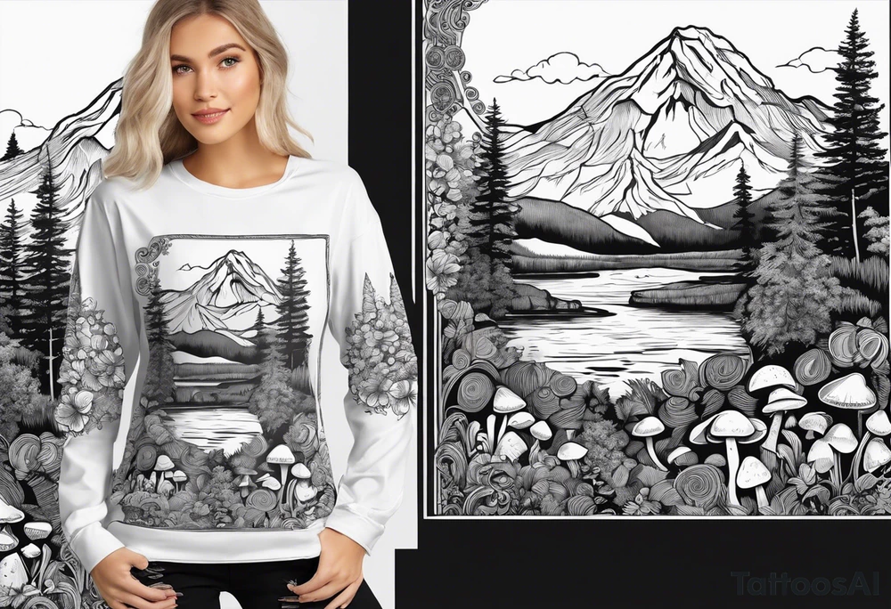 Whole picture encircled fully

Straight long blonde hair hippie girl in distance holding mushrooms in hand facing away toward mountains and creek surrounded by mushrooms long sleeve shirt and hiking pants; whole rendering within a full celtic circle border, no cut off circle tattoo idea
