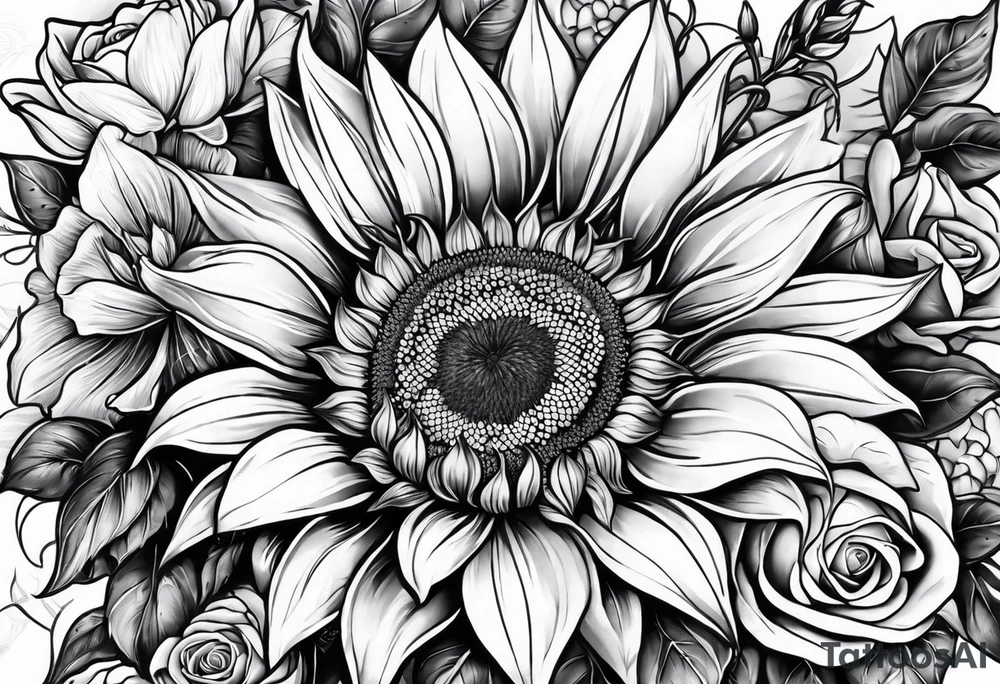 Sunflower, Rose and Lily tattoo idea